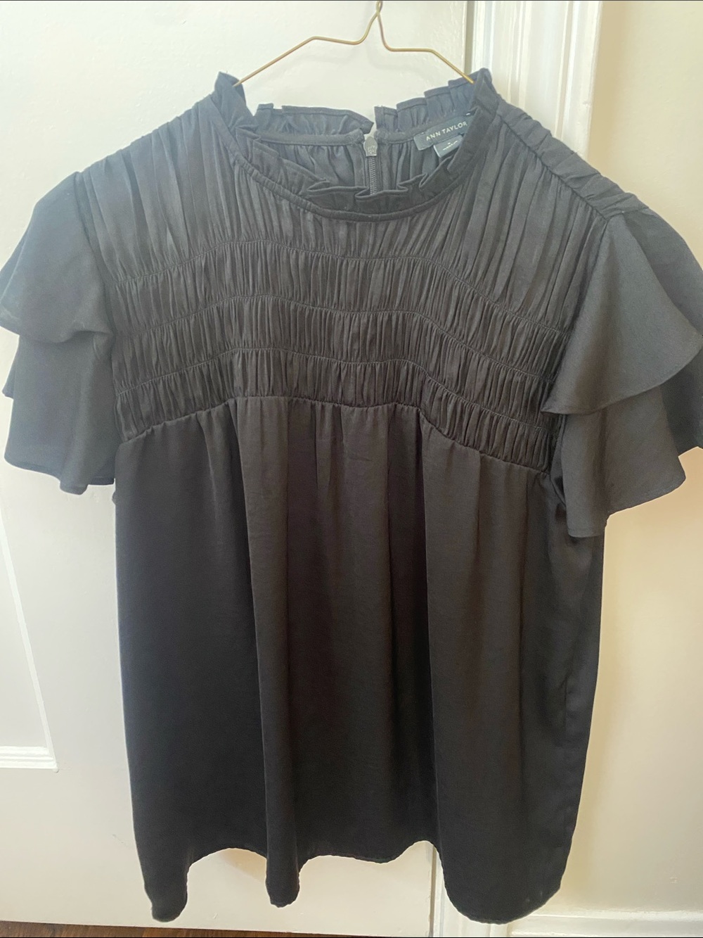 Ann Taylor Black Smocked Ruffle Sleeve Blouse